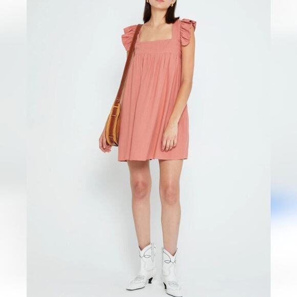 O.P.T. NEW Babydoll Aria Mocha Cotton LINEN Ruffled Sleeveless  Mini Dress S - Picture 13 of 16